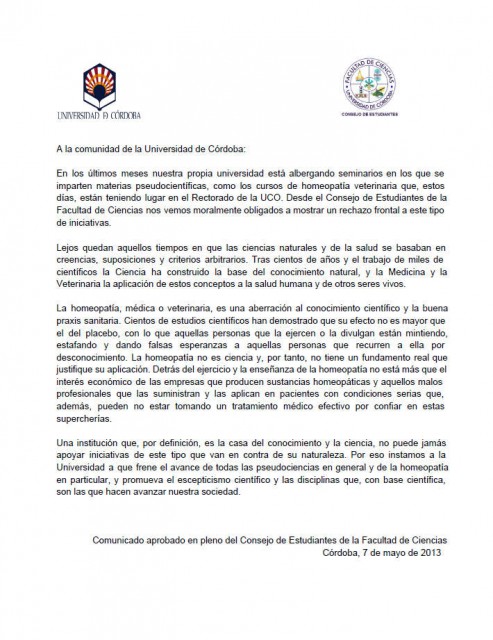 El Consejo de Estudiantes de Ciencias de la Universidad de Córdoba rechaza la homeopatía