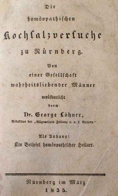 Portada del panfleto que anunciaba el ensayo de la sal de Nuremberg, en 1835 (fuente: The James Lind Library)