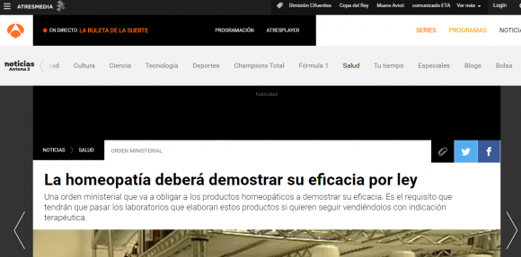 Titular erróneo de Antena 3 diciendo que "La homeopatía deberá demostrar su eficacia por ley"