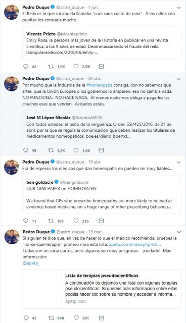 Algunos tuits de Pedro Duque muy críticos con las pseudociencias
