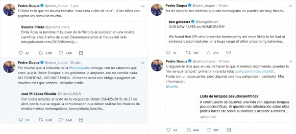 Algunos tuits de Pedro Duque criticando diversas pseudociencias